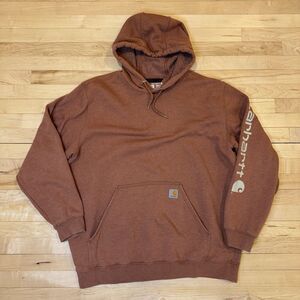 Carhartt Hoodie Men’s XL Loose Fit Orange Salmon Logo Sleeve Arm Sweatshirt